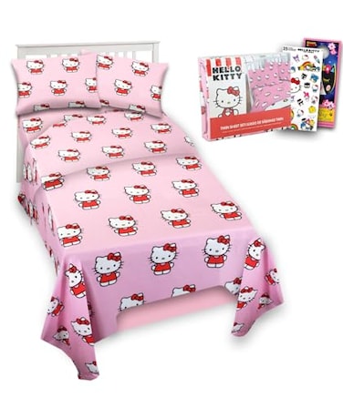 Hello Kitty Sheet Set Bundle of Hello Kitty Bedding Including Flat Sheet Fitted Sheet and Pillowcase for Twin Bed Plus Stickers More for Kids