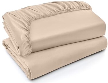 Utopia Bedding Fitted Sheet Pack of 2 Bottom Sheets Soft Brushed Microfiber Deep Pockets Shrinkage Fade Resistant Easy Care Full Beige