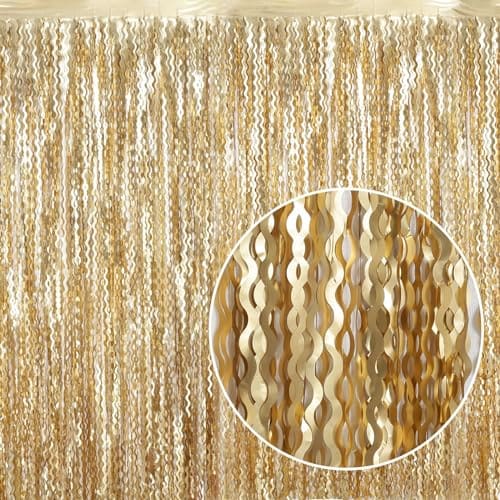 كي يو إتش Keeuh Wavy Champagne Metallic Tinsel Foil Fringe Curtains Backdrop