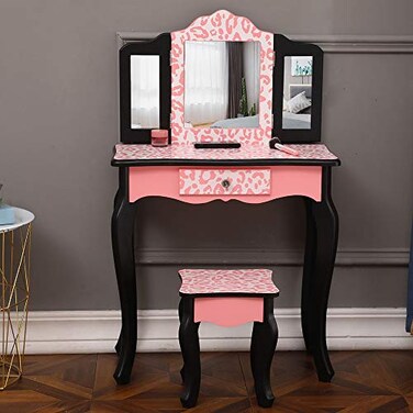 Vasitelan Vanity Table and Chair Set Vanity Set with Mirror and Stool Makeup Dressing Princess Table with Drawer Vanity Set with Mirror D Style