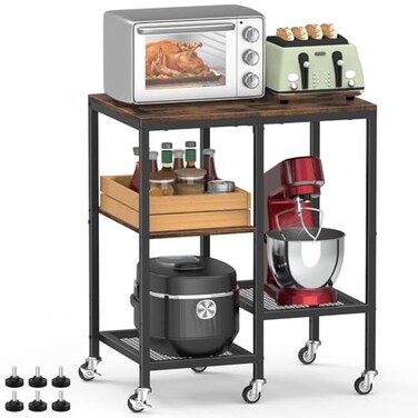 OGEMXU Kitchen Microwave CartMicrowave Stand with WheelsCoffee Bar Table Station4Tier Rolling Bakers RackSmall Appliance Storage ShelfUtility Side Table for KitchenLiving Room Rustic Brown