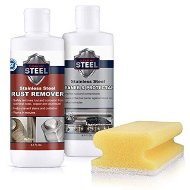 CLEAN MY STEEL Stainless Steel Rust Remover and Protector Kit NSF 85 oz Includes B570 Rust Remover B580 Cleaner and Protector Sponge and Gloves