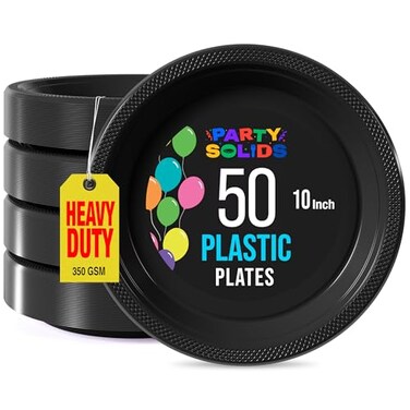 Exquisite Party Solids Black Plastic Plates For Party Supplies 10 Black Disposable Plates Heavy Duty 50 Pcs Plastic Dinnerware Sets Heavy Duty 350 GSM Disposable Dinnerware Set