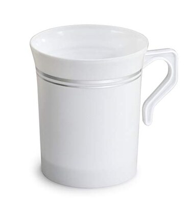 OCCASIONS FINEST PLASTIC TABLEWARE OCCASIONS 40 Pack Disposable Coffee Mugs 8oz with Handles Plastic Tea Cups for Wedding Bridal Shower Tea Party Heavyweight BPAFree Hot Cold Drinkware White Silver Ri