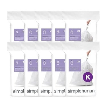 simplehuman Code K 200 Count Custom Fit Liners Drawstring Kitchen Trash Bags OnebyOne MessFree Dispense Extra Thick Double Seamed 50 PCR Plastic 3045 Liter 812 Gallon White