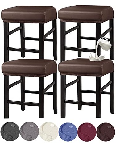 HFCNMY Stool Covers Rectangle Stretch Waterproof PU Rectangle Bar Stool Covers Vanity Stool Cover Washable Counter Stool Covers Saddle Seat Cover with Elastic Bands 4 PackCoffee