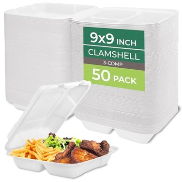 Freshware Clamshell Food Containers with Lids 9x9 3Compartment 50Pack Disposable To Go Containers Biodegradable Sugarcane To Go Boxes Paper Containers Microwave Freezer Safe Stackable