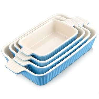 MALACASA Casserole Dishes for Oven Porcelain Baking Dishes Ceramic Bakeware Sets of 4 Rectangular Lasagna Pans Deep with Handles for Baking Kitchen Blue 94111122147 Series BAKEBAKE