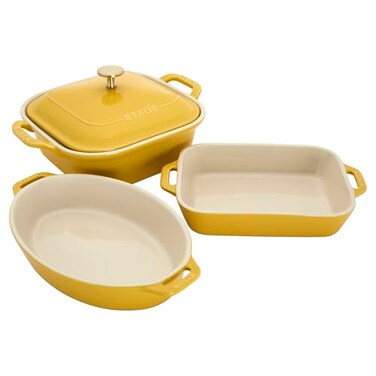 Staub Ceramic 4pc Baking Pans Set Casserole Dish with Lid Brownie Pan Citron