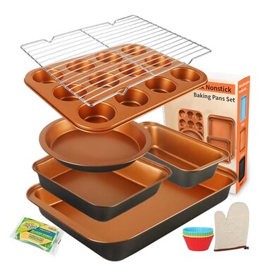 Barlket Baking Pans Set 6Pieces Non Stick Bakeware Set Stackable with Cookie Sheet Muffin RoundSquare Cake Pan Loaf Pan Rack Oven Mitt for Home Baker Gold
