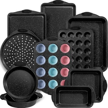 Kikcoin 22 PCS Nonstick Baking Pans Set Stackable Bakeware Sets with Silicone Handles 450F Oven Safe Baking Sheet set Easy Release Cookie Sheets for Baking Black