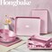 HONGBAKE 9Piece Baking Pans Set Nonstick Stackable Non Toxic Bakeware Sets with Diamond Texture Oven Pan Set for Cooking Includes Cookie Sheet with Rack Cake Pan Roasting Pan Muffin Tin Pink