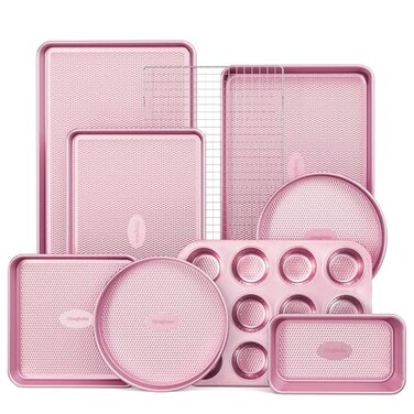 HONGBAKE 9Piece Baking Pans Set Nonstick Stackable Non Toxic Bakeware Sets with Diamond Texture Oven Pan Set for Cooking Includes Cookie Sheet with Rack Cake Pan Roasting Pan Muffin Tin Pink