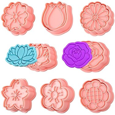 Sakolla 8 Pack Flower Cookie Cutters 3D Cookie Cutter with Plunger Stamp 8 Styles Spring Flowers Cookie Stamps for Home Kitchen