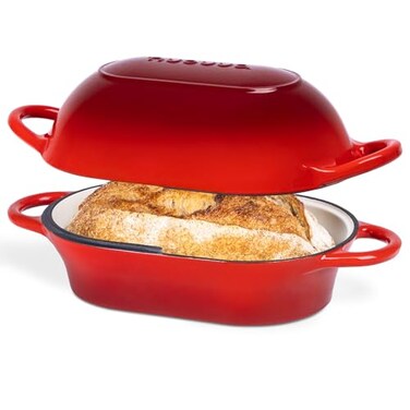 nuovva Dutch Oven For Sourdough Bread Baking Enamelled Cast Iron Bread Loaf Pot Oven Safe Non Stick Bread Pot Rectangular Red 24cm x 16cm by Nuovva