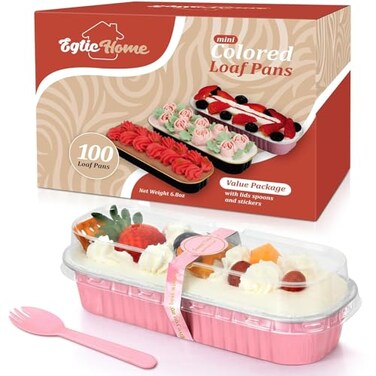 EgticHome Mini Loaf Pans with Lids and Spoons 100 Pack Pink 68oz Rectangular Aluminum Foil Baking Pans