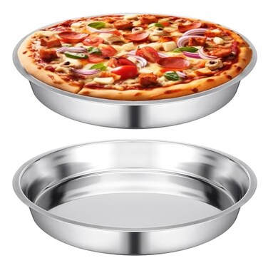 Nuogo 2 Pcs 16 Inch Large Deep Pizza Pans Stainless Steel Pizza Tray Round Oven Tray Rust Proof Reusable Bakeware Cooking Pan Dishwasher Safe for Baking Serving and Displaying Cookie Pie