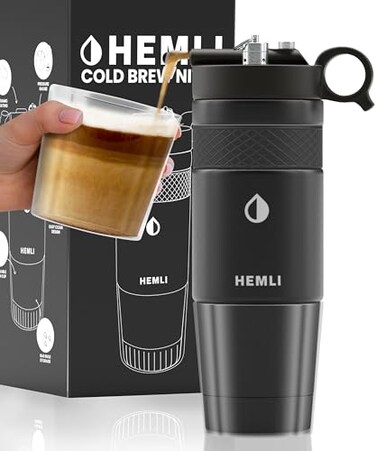 Hemli Nitro Cold Brew Coffee Maker 12 oz CeramicLined Tritan Cup Pressure Gauge Stores 3 Nitrogen Gas Bulbs Custom Designed for Cold Brew and Nitro Drinks