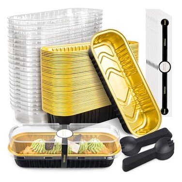 NPLUX 50 Pack Mini Cake Pans with Lids and Spoons Black Gold Rectangular Aluminum Foil Baking Pans Mini Cheesecake Containers68oz
