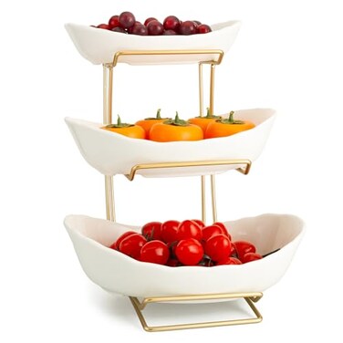 YYW 3 Tier Fruit Bowl for Kitchen Counter White Gold Ceramic Fruit Stand for Countertop Home Fruit Rack with Holder Vegetable Bowl Snacks Nuts Bread Candy Storage White