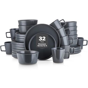 Stone Lain 32 Piece Stoneware Dinnerware Set Service for 8 Gray Matte