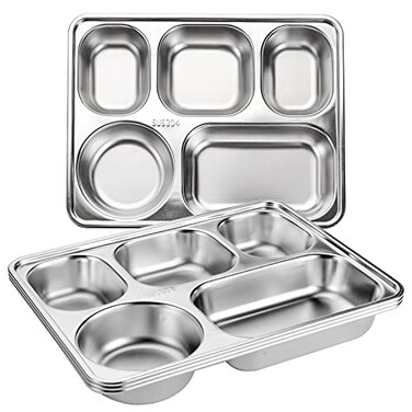 Tebery 3 Pack Stainless Steel Rectangular Divided Plates Tray 5 Sections Dinner Plates for AdultsKids Picky Eaters Campers and Portion Control