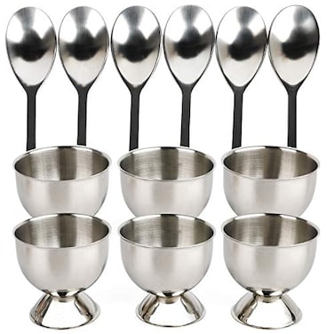 YellRin Stainless Steel Egg Cups Set for Hard Soft Boiled Eggs with 6 Egg Cup Holders 6 Egg Spoons
