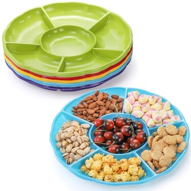Frcctre 20 Pack Disposable Plastic Appetizer Serving Platter 12 Inch 6 Sectional Divided Snack Nut Candy Veggie Fruit Dish Serving Platter Divided Food Tray