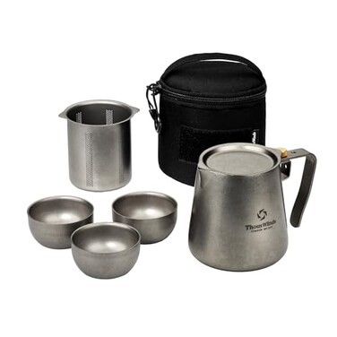 Thous Winds Titanium Tea Set Portable Kung Fu Tea Pot with 3 Tea Cups Doublelayer Teapot with Strainer Lightweight Tea Make for Outdoor Camping Backpacking Coffee