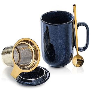 vicrays Ceramic Tea Cup Mug Infuser VICRAYS Large 16 oz Hot Loose Steeping Handle Teacup with Leaf Infuser Spoon Lid Blue Tall Glazed Strainer Coffee Mug Microwave Safe Blue