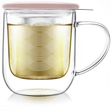 Teabloom TeaForOne Steeping Mug Insulated Double Wall Glass Mug 12 oz Stainless Steel Infuser Porcelain LidCoaster Great For Brewing Loose Leaf Tea