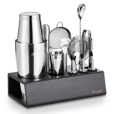 KITESSENSU Boston Shaker Set Mixology Bartender Kit Premium Cocktail Shaker Kit with Stand Professional Home Bar Tools Accessories Martini Shaker Citrus Tools Fine Mesh Strainers Muddler Jigger