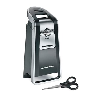 Hamilton Beach Smooth Edge Electric Automatic Can Opener for Kitchen with Easy Push Down Lever Extra Tall Includes Stainless Steel Scissors Black and Chrome 76607