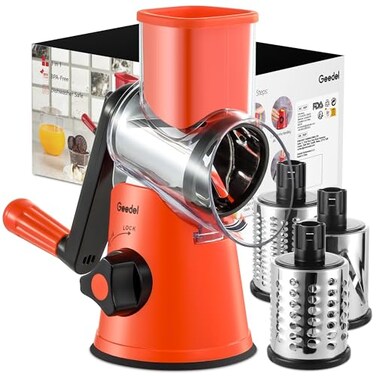 Geedel Rotary Cheese Grater Kitchen Mandoline Vegetable Slicer with 3 Interchangeable Blades Easy to Clean Rotary Grater Slicer for Fruit Vegetables Nuts
