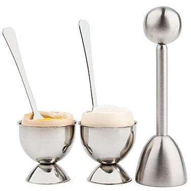 YellRin Soft Hard Boiled Egg Cutter Topper Set Egg Cracker with Include 2 Cup 2 Spoon 1 Topper Cutter Shell Separator Remover Stainless Steel Kitchen Tool