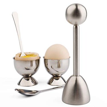 forkmannie Egg Cracker Topper Cutter Set for Soft Boiled Eggs Stainless Steel Shell Remover Separator Include 2 Egg Cups 2 Spoons 1 Topper Cutter