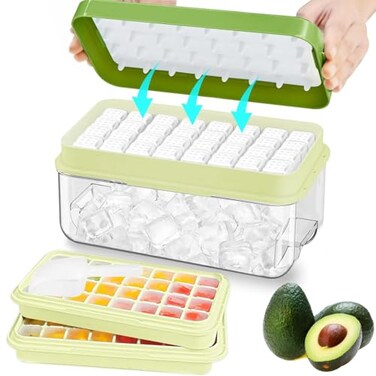 ZZWILLB Ice Cube Tray with Lid and Bin 64 pcs Ice Tray Kit with Ice Scoop Ice Cube Pop Out Tray Ice Cube Trays for Freezer Ice Cube Molds BPA Free Easy Release Stackble SpillResistant Green
