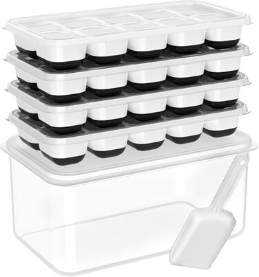 DOQAUS Ice Cube Tray with Lid and Bin 4 Pack Silicone Ice Cube Trays for Freezer Stackable Ice Bucket Kits with Storage Container Scoop for Kitchen RV Cocktail Coffee