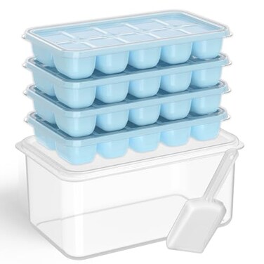 DOQAUS Ice Cube Tray with Lid and Bin 4 Pack Silicone Ice Cube Trays for Freezer Stackable Ice Bucket Kits with Storage Container Scoop for Kitchen RV Cocktail Coffee
