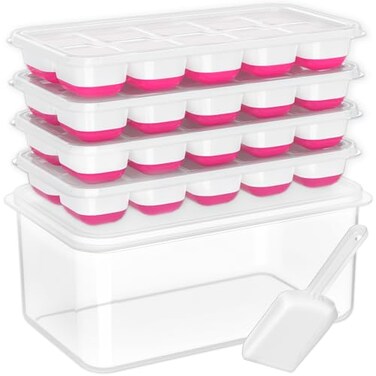 DOQAUS Ice Cube Tray with Lid and Bin 4 Pack Silicone Ice Cube Trays for Freezer Stackable Ice Bucket Kits with Storage Container Scoop for Kitchen RV Cocktail Coffee
