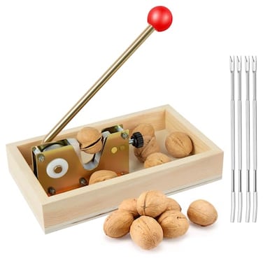 Nizodo NutCracker Tool Heavy Duty Nut Cracker with Wooden Base Adjustable Nut Tongs Manual Nut Crackers for All Nuts Cracker Tool for Walnut Pecan Macadamia Hazelnuts Chestnut 4 Picks Included