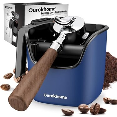 Ourokhome Espresso Knock Box with Lid Compact Coffee Grounds Container for Home Coffee Bar Removable Knock Bar 304 Stainless Steel Exterior NonSlip Base Handle Easy Clean Deep Blue