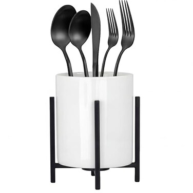 MONOSUGO Spoon Holder for Coffee Bar Kitchen Spoon and Fork Holder Black Silverware Holder Cutlery Holder Robust Silverware Caddy White Ceramic Cup with Black Metal Frame 1 Pcs