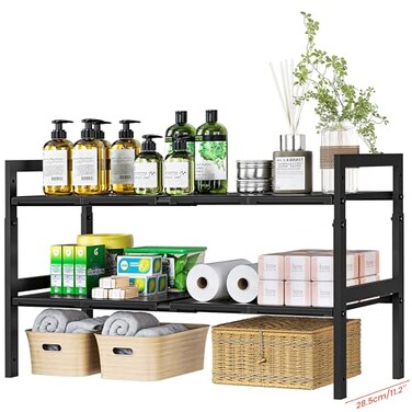 GEMWON Under Sink Organizer and Storage 165307 Expandable Length Adjustable Height Max 167 Under Sink Shelf 2 Tier with Removable ABS Panels Metal Frame for Bathroom Kitchen Pantry Cabitnet Pot Pan