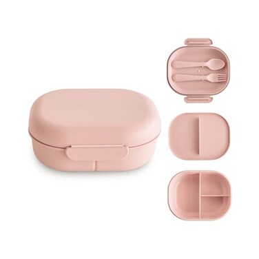 mushie Kids Bento Lunch Box 3Compartment Removable Divider Fork Spoon Utensils Great For Meals School Snacks OntheGo Dishwasher Safe Blush