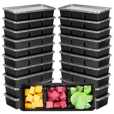 Hushee 10 Pack 17 oz Small Meal Prep Containers with 3 Compartments Snack Containers with Lid Disposable Plastic Bento Box Travel Lunch Food Boxes Stackable for Office Picnic Black