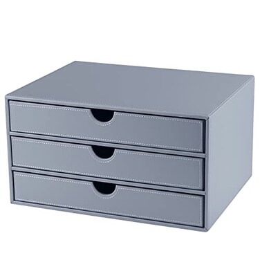 RHCSZ Leather Desk Organizer with 3 DrawersTray Executive Office Supplies Desktop Filing A4 File CabinetHolder Stackable Storage Box Grey Gray