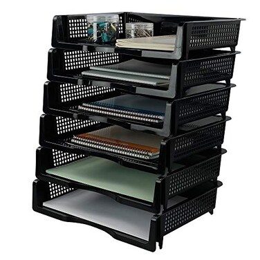 Tstorage Plastic Stackable File Paper Storage Tray Office Stackable Letter Tray Black 6 Pack