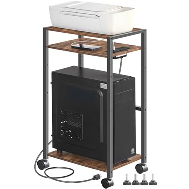 HOOBRO Computer Tower Stand 3Tier PC Tower Stand PC Stand with Charging Station Mobile CPU Stand Fits Most PC Adjustable Shelf for PC Tower Printer Home Office Rustic Brown BF12UCJ01