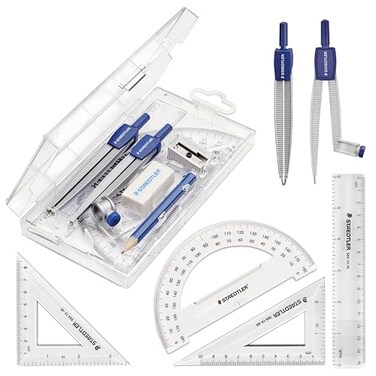 STAEDTLER School Kit Math Geometry Set 10Piece Compass Protractor Ruler Kit with Flip Open Storage Box Clear Measuring Tools Student Drawing Supplies